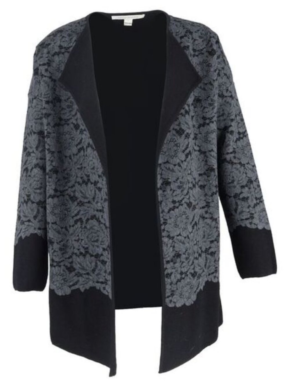 Diane von Furstenberg Jeraldine Lace Paneled Sweater Coat Gray Merino Wool Sz P